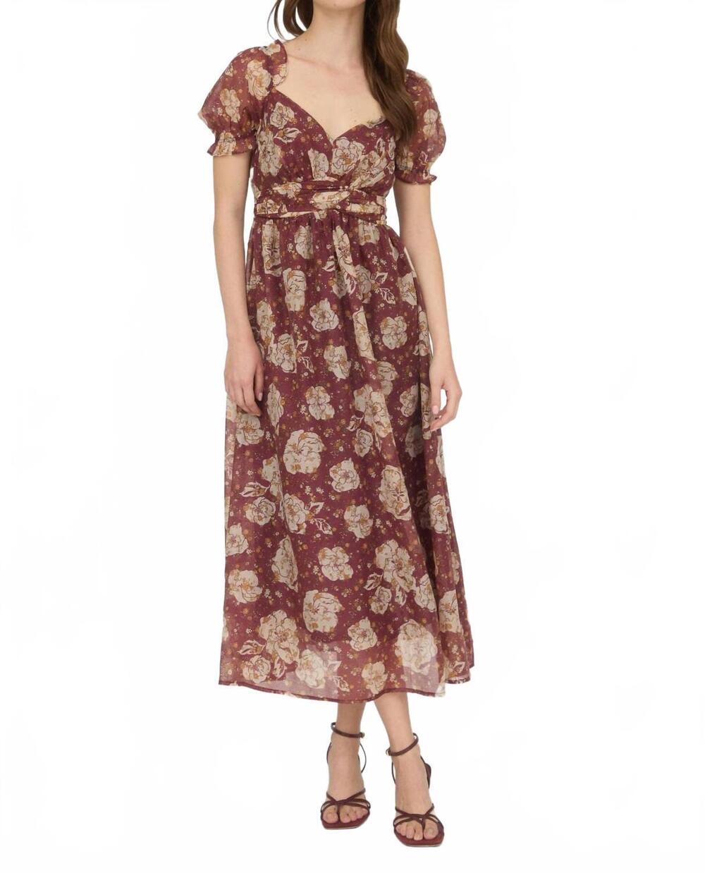 NEW BLU PEPPER floral sweetheart neck back tie midi dress in burgundy